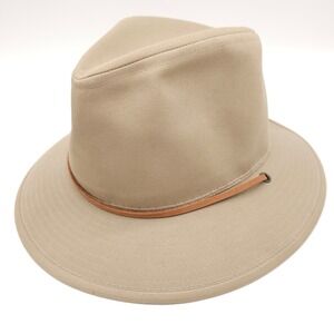 Goorin Bros. Mens Beige Canvas Fedora Hat‎ Brown Leather Band Strap Safari Cap